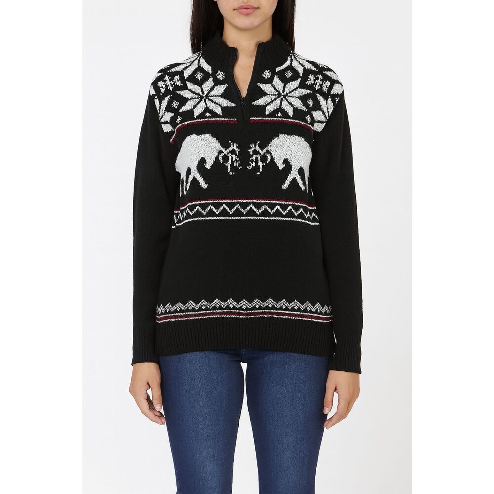 Chaps Women’s Fair Isle Quarter Zip High Neck Knit Sweater Black Size L Reindeer